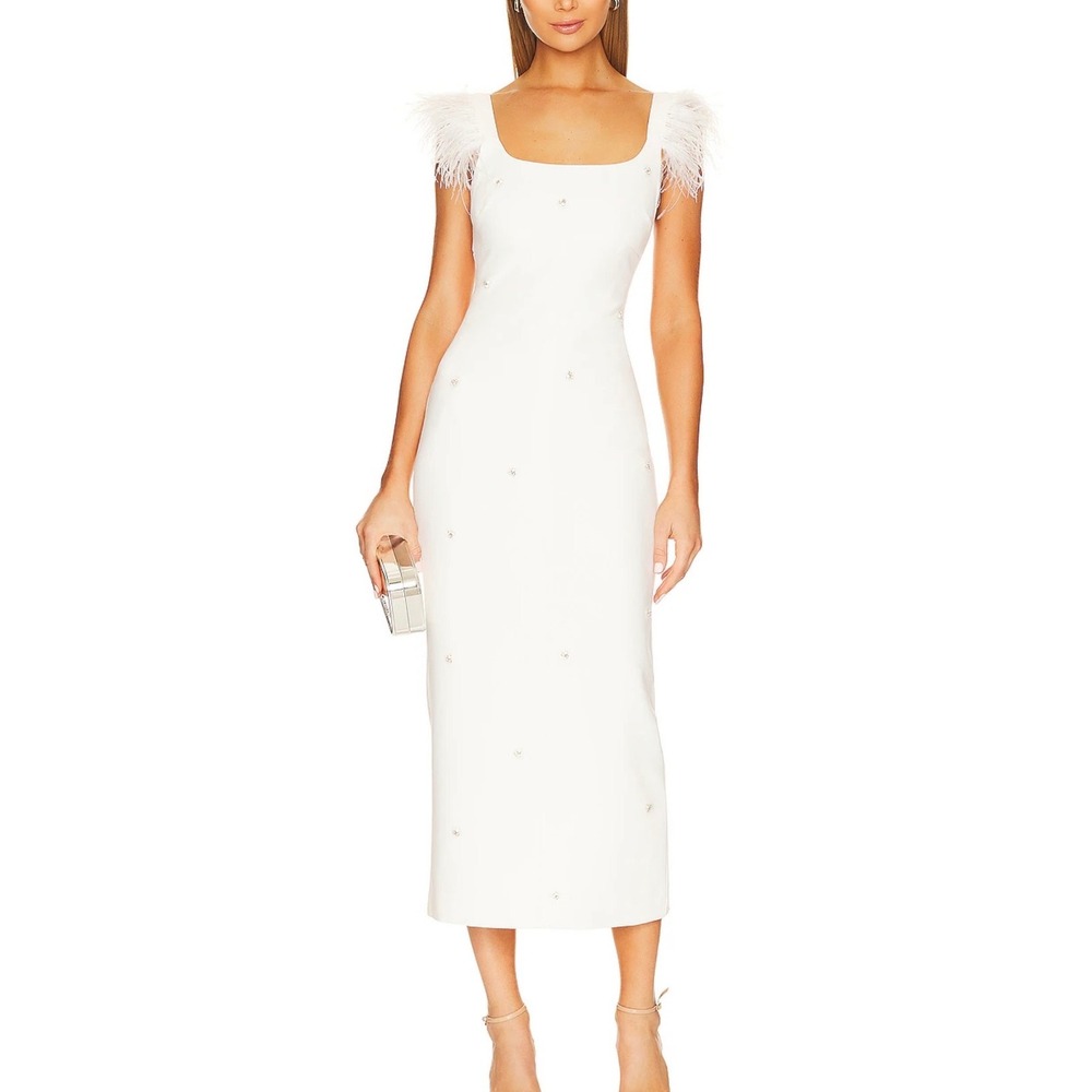 LIKELY White‎ Feather Trim Crystal Embellished Midi Dress Bridal Size 6 NEW